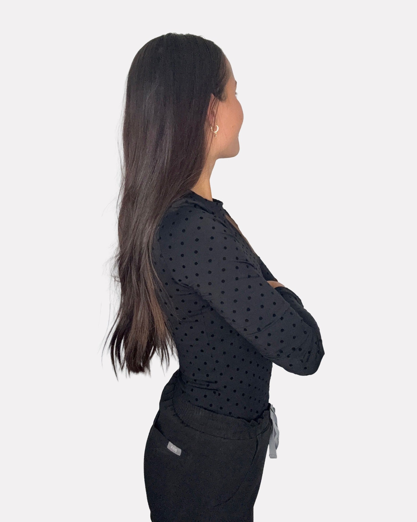 Black PolkaDot CoreSupport underscrub on model, side profile fit