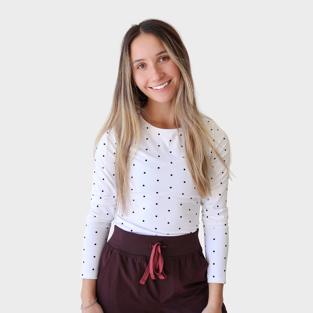 White PolkaDot FlexForm Compression Underscrub, full front view