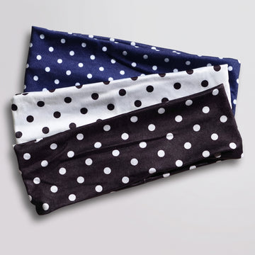 PolkaDot Headbands 3-pack laid flat: navy with white dots, white with black dots, and black with white dots