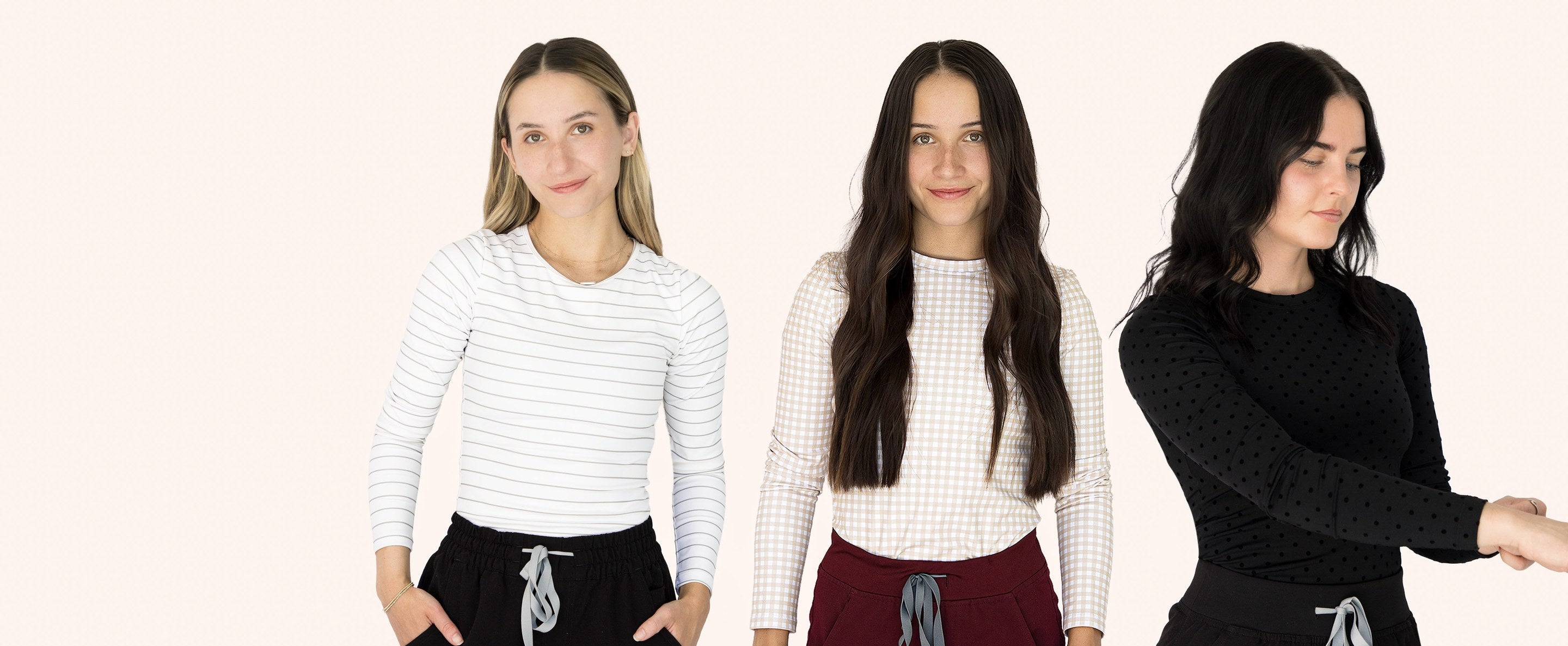 Ala underscrubs — three models in Striped, Gingham, and Black PolkaDot underscrubs