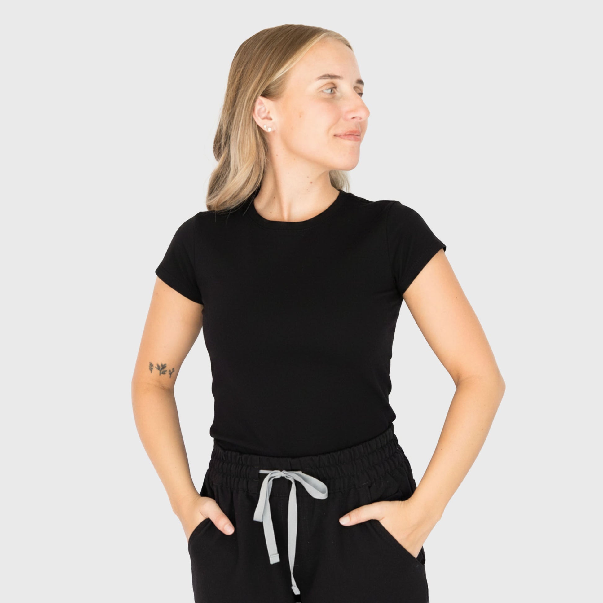 CloudSoft Short Sleeve underscrub in Black, on model
