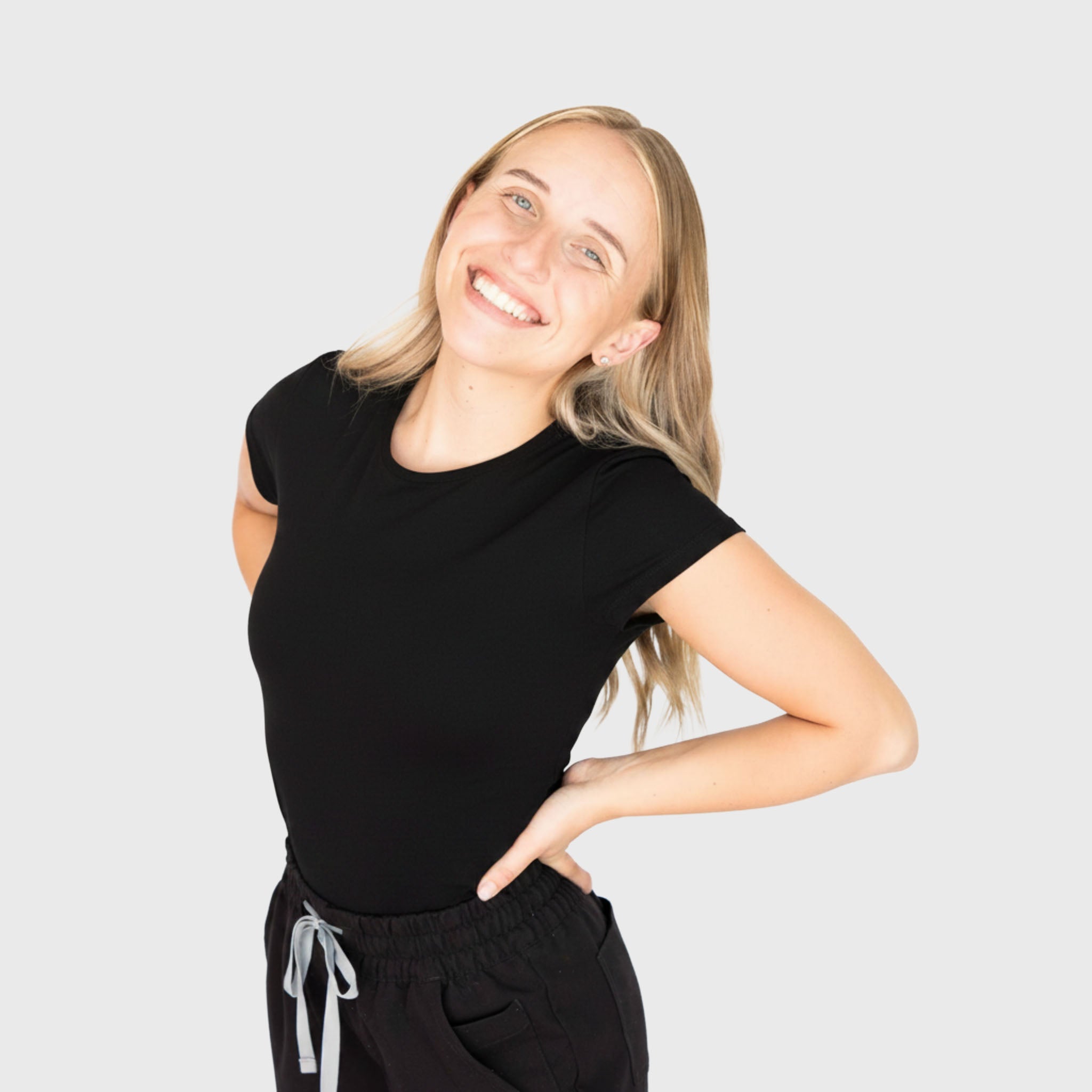 CloudSoft Short Sleeve underscrub in Black, on model