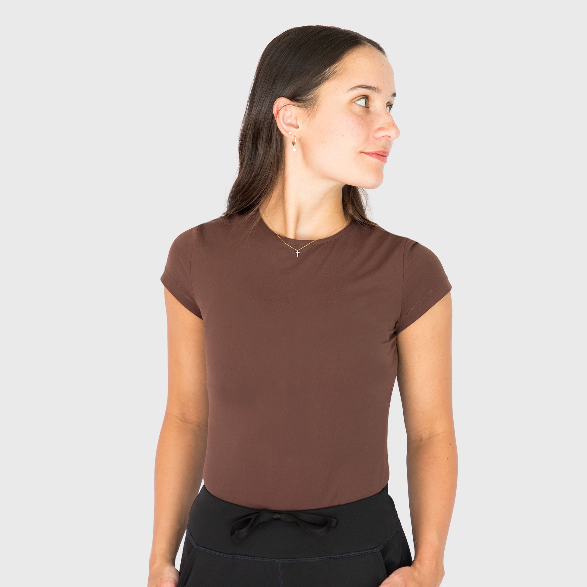 CloudSoft Short Sleeve underscrub in Espresso, on model