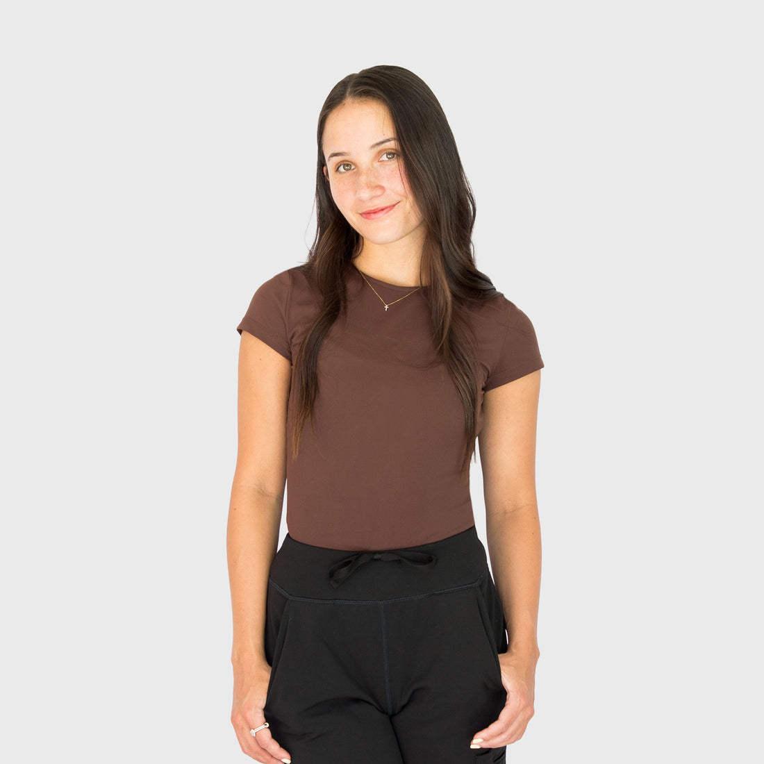 CloudSoft Short Sleeve underscrub in Espresso, on model