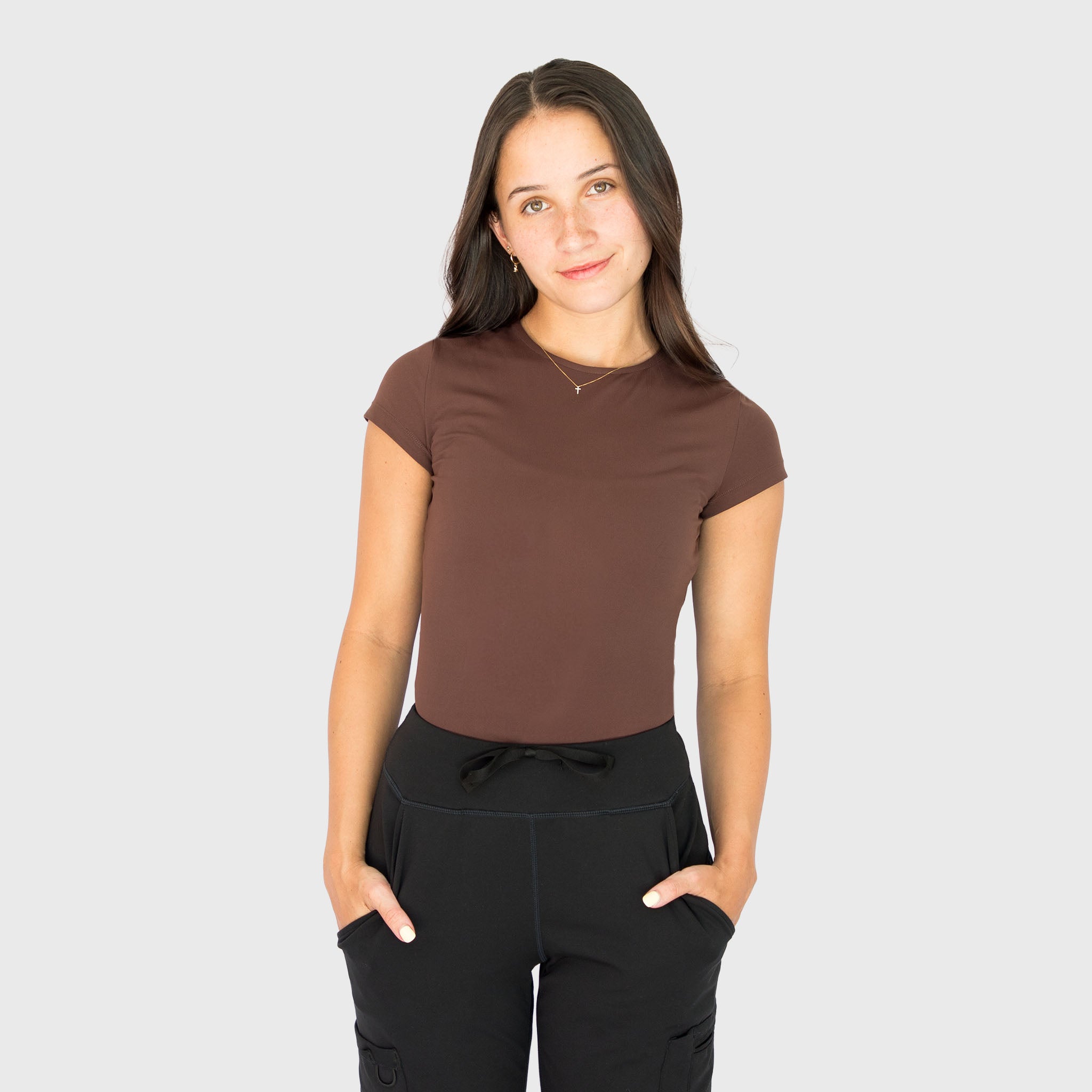 CloudSoft Short Sleeve underscrub in Espresso, on model