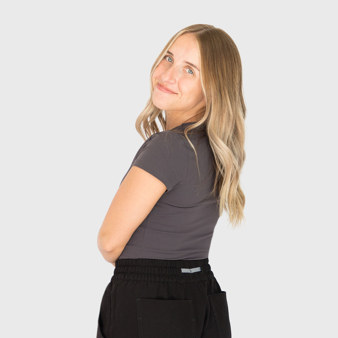 CloudSoft Short Sleeve underscrub in Graphite Gray, on model