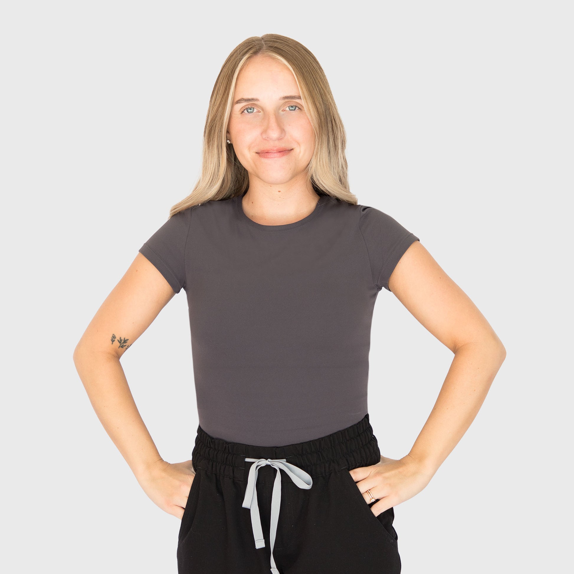 CloudSoft Short Sleeve underscrub in Graphite Gray, on model