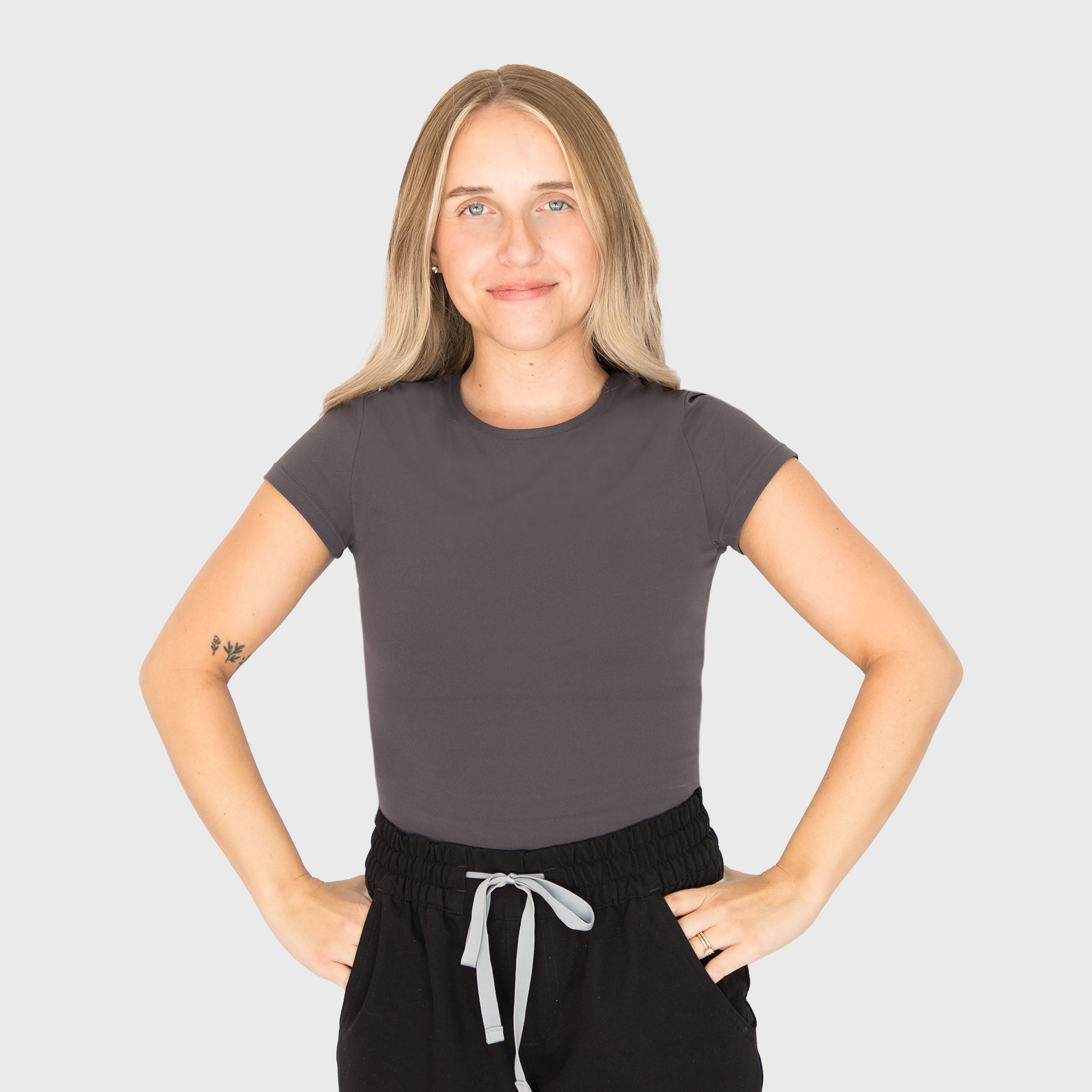 CloudSoft Short Sleeve underscrub in Graphite Gray, on model