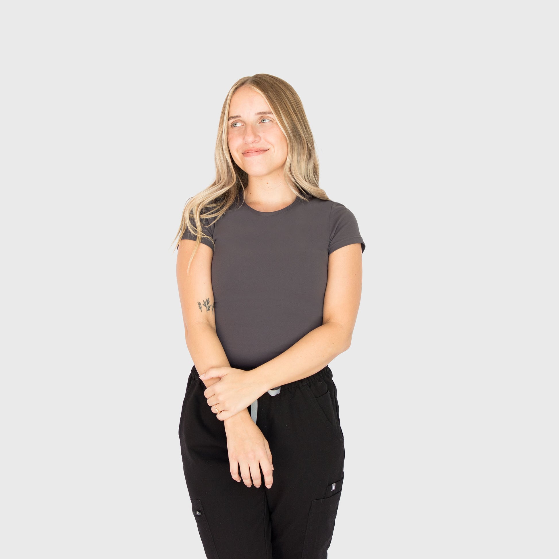 CloudSoft Short Sleeve underscrub in Graphite Gray, on model