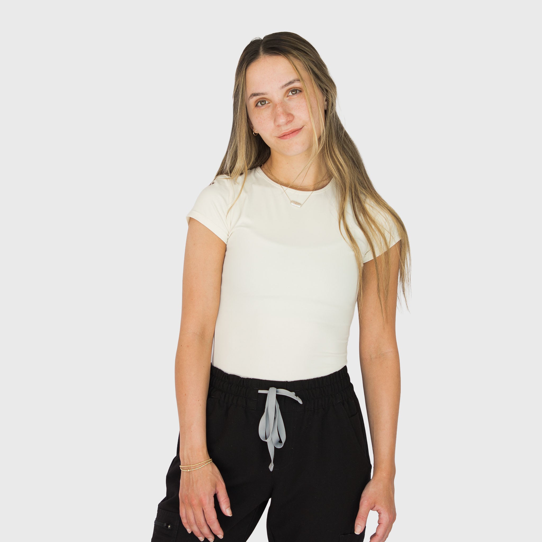CloudSoft Short Sleeve underscrub in Lemon, on model