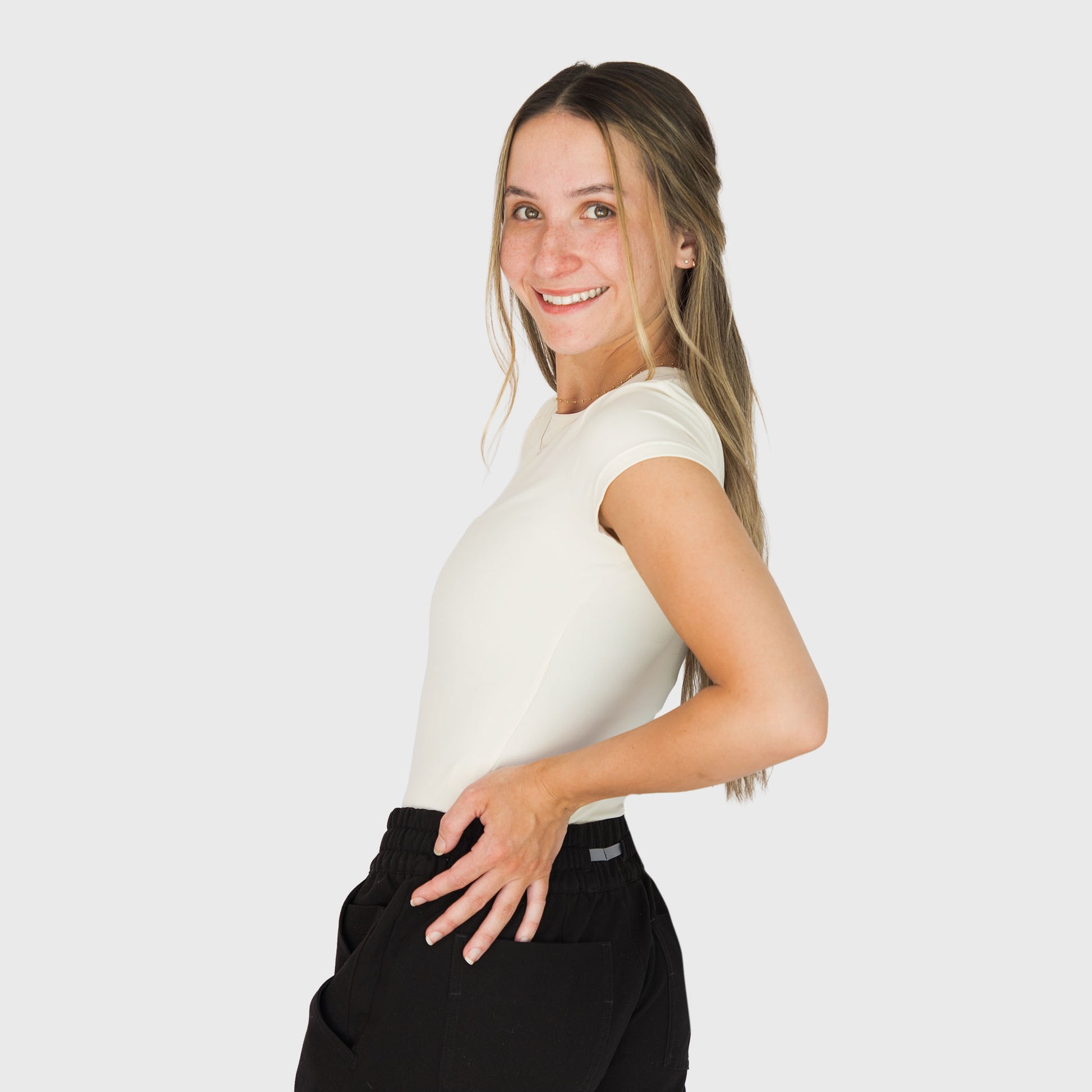 CloudSoft Short Sleeve underscrub in Lemon, on model