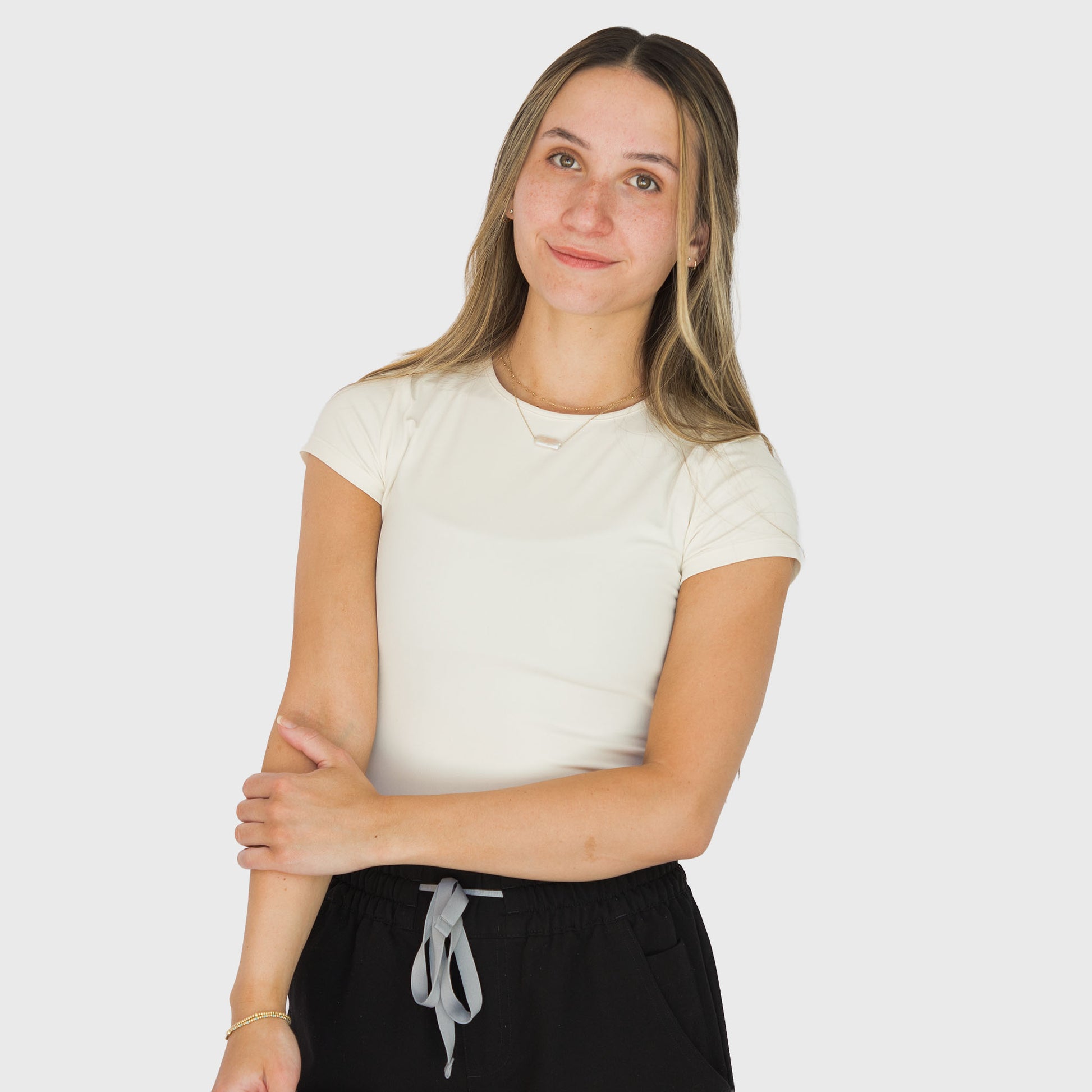 CloudSoft Short Sleeve underscrub in Lemon, on model
