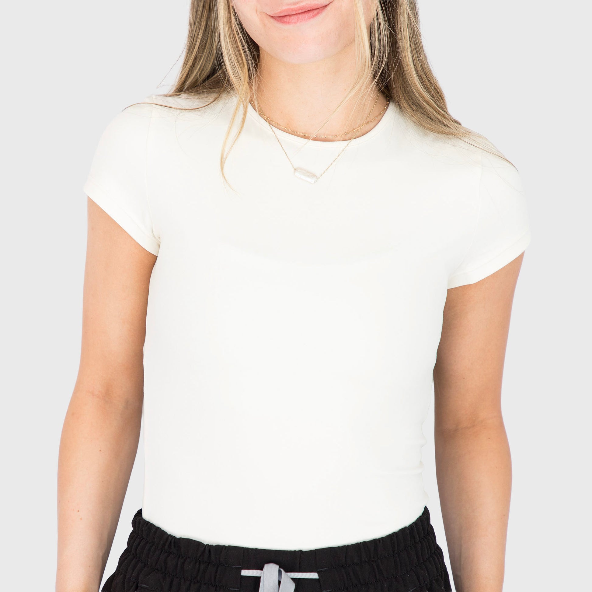 CloudSoft Short Sleeve underscrub in Lemon, on model